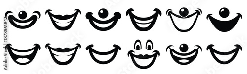 Set of silly clown smile silhouette art. Funny large pack of vector silhouette design and isolated on white background