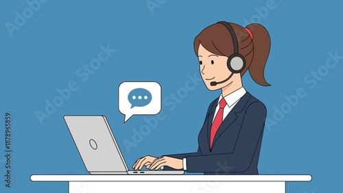 Woman Wearing Headset Working on Laptop.