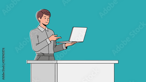 Man Standing at Podium with Laptop.
