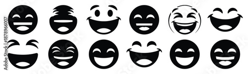 Set of silly emoji grin silhouette art. Funny large pack of vector silhouette design and isolated on white background