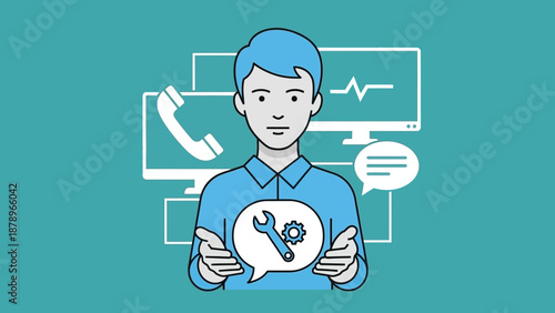 Man holding speech bubble with gears inside.