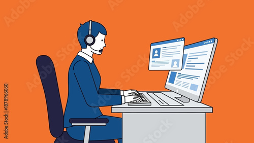 Man Wearing Headset Working on Computer.