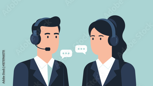 Customer Service Representatives Wearing Headsets Communicating.