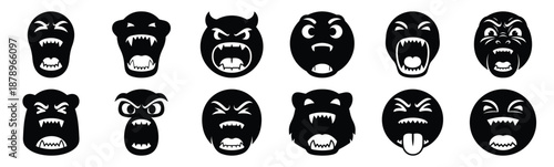 Set of silly emoji roar silhouette art. Funny large pack of vector silhouette design and isolated on white background