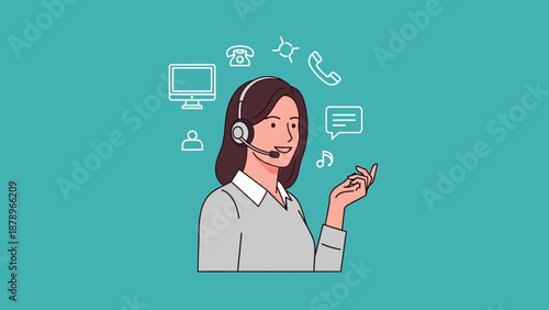 Woman Wearing Headset with Icons Around.