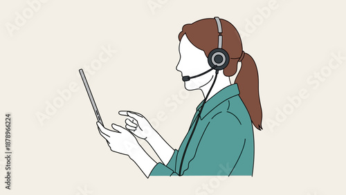 Wallpaper Mural Woman Wearing Headset Using Mobile Phone. Torontodigital.ca