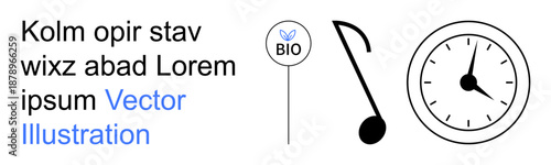 Sustainability, music, time management, eco-friendly products, nature preservation, environmental awareness. Clock, musical note bio icon with text. Sustainability and eco-friendly concepts
