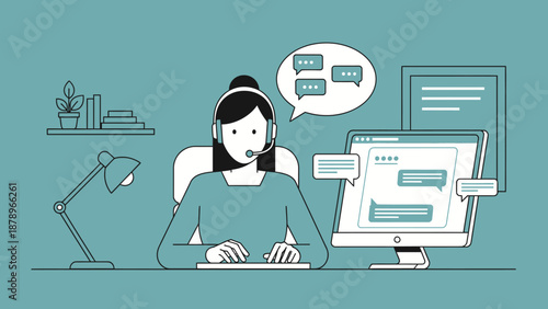 Woman Working on Computer with Speech Bubble.