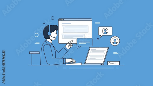 Woman Working on Computer with Headset.