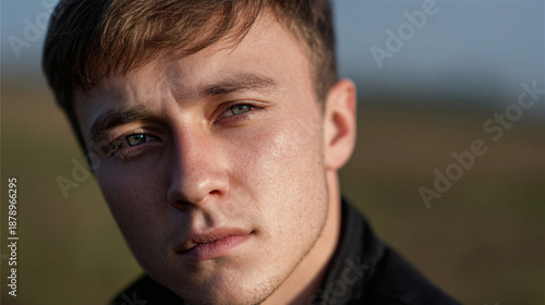 Close up portrait of a serious young man looking at camera.