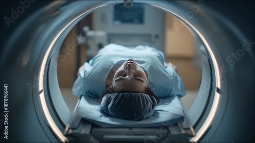 A patient lying inside a magnetic resonance imaging (MRI) scanner during a medical examination in a modern hospital