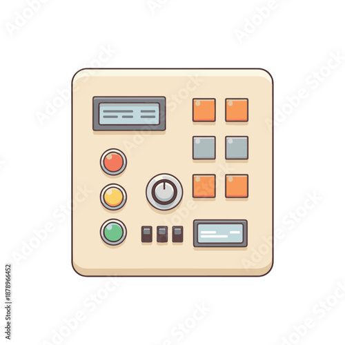 Control panel with buttons, knobs, and displays, representing technology, automation, and electronic interfaces