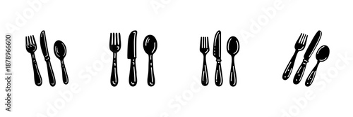 Cutlery Set In Hand Drawn Style Set. Dining Utensils, Fork, Knife, Spoon Doodle Sketch Collection. Kitchenware And Table Setting. Isolated Vector Illustration