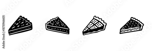 Four Pie Slice Icons In Hand Drawn Style Set. Dessert Variety, Bakery, Sweet Treats Doodle Sketch Collection. Culinary Illustration, Food Art. Isolated Vector Illustration