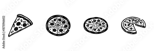 Pizza Slices And Whole Pizzas In Hand Drawn Style Set. Italian Cuisine, Fast Food, Snack Doodle Sketch Collection. Culinary Art, Food Illustration. Isolated Vector Illustration