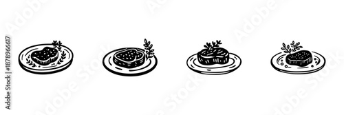 Four Gourmet Dishes In Hand Drawn Style Set. Culinary Art, Fine Dining, Gourmet Cuisine Doodle Sketch Collection. Elegant Food Presentation. Isolated Vector Illustration