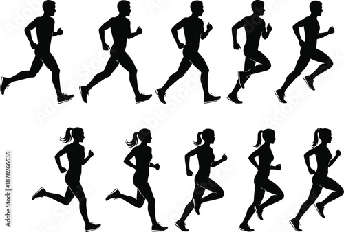 Running man and woman silhouette sequence showing jogging motion, fitness training, athletic exercise concept, sport movement isolated illustration