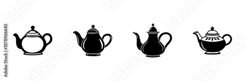 Teapot Silhouettes In Hand Drawn Style Set. Vintage Tea Brewing, Kitchenware, Beverage Preparation Doodle Sketch Collection. Elegant Teapot Designs. Isolated Vector Illustration