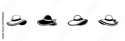 Wide-Brimmed Summer Hats In Hand Drawn Style Set. Fashionable Sun Protection, Beachwear Accessories Doodle Sketch Collection. Elegant Headwear Designs. Isolated Vector Illustration