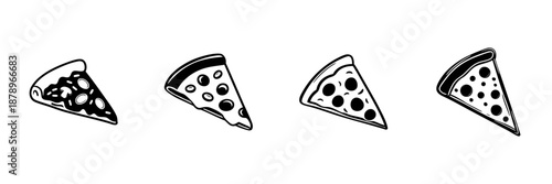 Pizza Slice Icons In Hand Drawn Style Set. Italian Cuisine, Fast Food, Snack Doodle Sketch Collection. Tasty Meal Representation. Isolated Vector Illustration