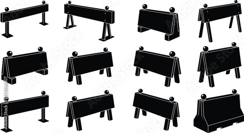 Road traffic barrier silhouette set construction safety barricade collection isolated on white background warning equipment illustration