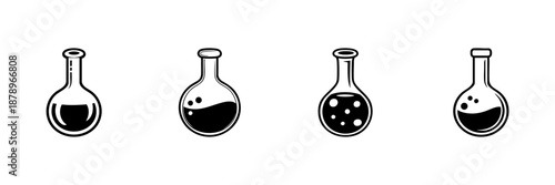 Laboratory Flasks With Liquid In Hand Drawn Style Set. Chemistry Experiment, Scientific Research, Chemical Reaction Doodle Sketch Collection. Science Education Tools. Isolated Vector Illustration