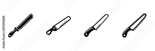 Bread Knife Icons In Hand Drawn Style Set. Kitchen Utensils, Baking Tools, Culinary Equipment Doodle Sketch Collection. Cooking And Food Preparation. Isolated Vector Illustration