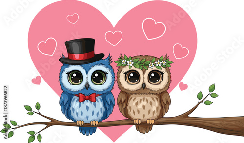 Cute Cartoon Couple of Owls in Love Sitting on a Branch with a Large Pink Heart Background