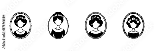 Victorian Silhouette Portraits Of Women In Hand Drawn Style Set. Vintage Elegance, Classic Fashion, Historical Beauty Doodle Sketch Collection. Ornate Frames. Isolated Vector Illustration