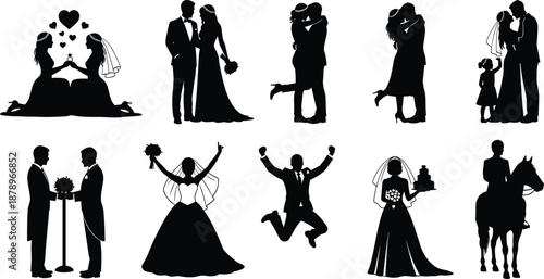 Wedding couple silhouette set bride and groom love marriage ceremony romantic poses isolated on white background illustration
