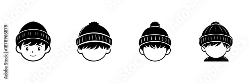 Boy With Winter Hat In Hand Drawn Style Set. Seasonal Fashion, Cold Weather Accessories, Beanie Hat Doodle Sketch Collection. Cozy Winter Wear. Isolated Vector Illustration