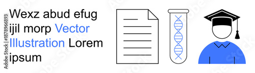 Education, scientific research, academic achievements, biotechnology, knowledge sharing, professional growth. Visual elements include documents, DNA strands and a graduate cap. Education