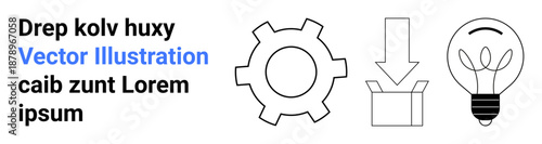 Gear, arrow pointing into box, and light bulb highlight teamwork, process flow, problem-solving, efficiency. Ideal for innovation, creativity, strategy development learning business simple