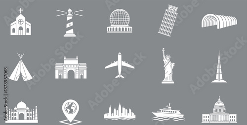 World landmark travel icon set famous monuments buildings transportation symbols isolated on gray background tourism illustration