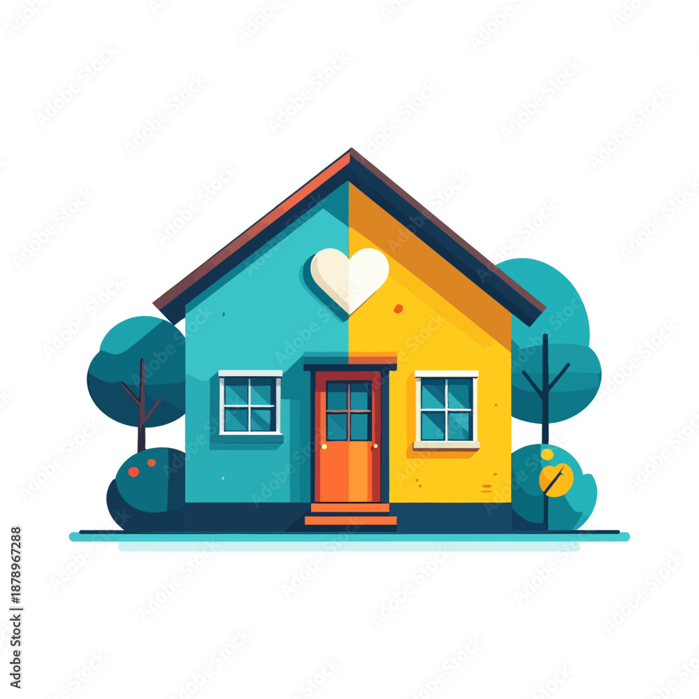 Fototapeta premium Colorful Split House with White Heart Icon Representing Home and Love