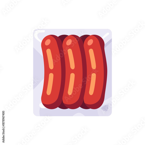 Packaged sausage set in plastic tray, colorful vector flat style illustration
