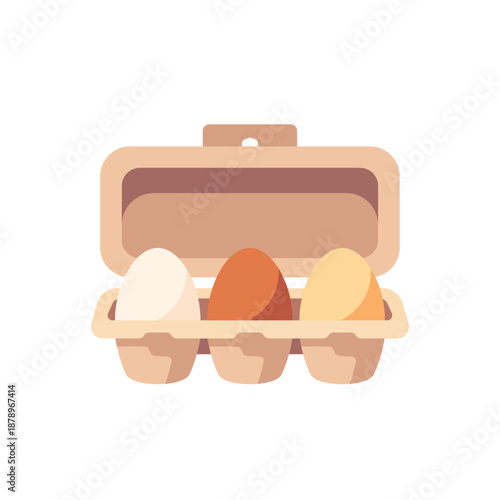 Egg carton with three eggs inside, colorful vector flat style illustration
