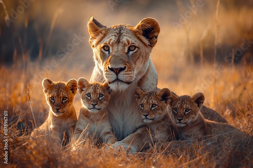 Lion family mother, mother with three cubs