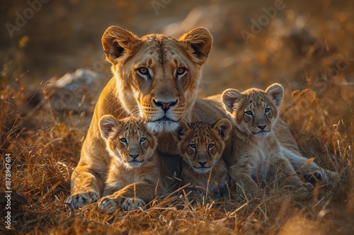 Lion family mother, mother with three cubs