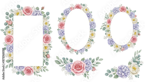 Watercolor Midsummer floral Frames collection with hand painted delicate leaves, flowers. Romantic floral arrangements perfect for wedding greeting cards, invitation. High quality  illustration.