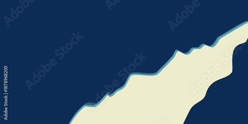Minimalist abstract coastline background with layered wavy edges, featuring deep navy blue sea and soft beige land. Modern flat design suitable for maps, presentations, posters, and website background