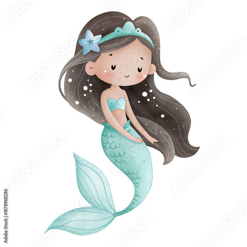 Konstfotografi Watercolor illustration of a cute little mermaid with dark hair wearing a starfish tiara, isolated on white background