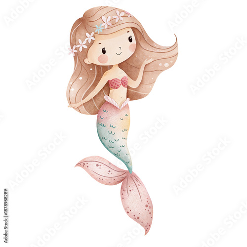 Photography Watercolor illustration of a cute little mermaid with brown hair wearing a flower crown, isolated on white background