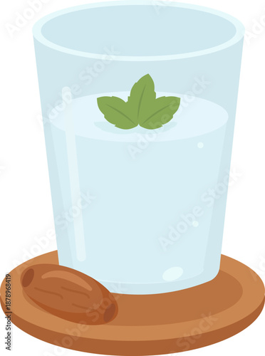 Flat illustration of a glass of water symbolizing hydration during iftar and fasting break.