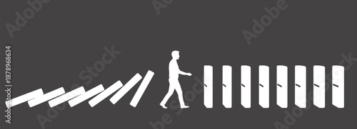 Business risk domino effect concept silhouette man walking toward standing blocks preventing