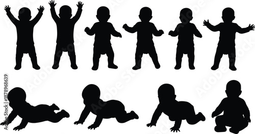 Baby silhouette set crawling standing walking infant poses illustration collection isolated on white background child development concept