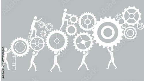Business teamwork concept illustration, people working with gears, collaboration strategy process, corporate success workflow, cooperation metaphor isolated on gray background