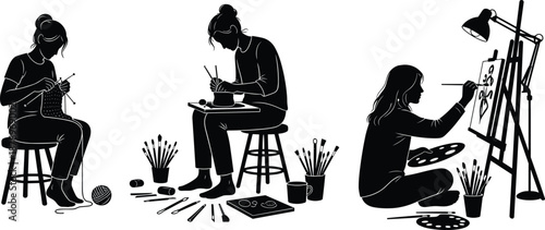 Creative hobby silhouette set woman knitting pottery painting art activities handmade crafts isolated on white background illustration
