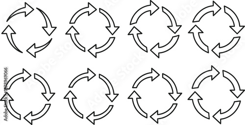 Set of circular arrow loop icons showing refresh, reload, recycle, process cycle, rotation, and repeat symbols in clean vector outline style