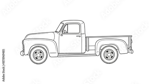 Vintage Pickup Truck Line Art Illustration.